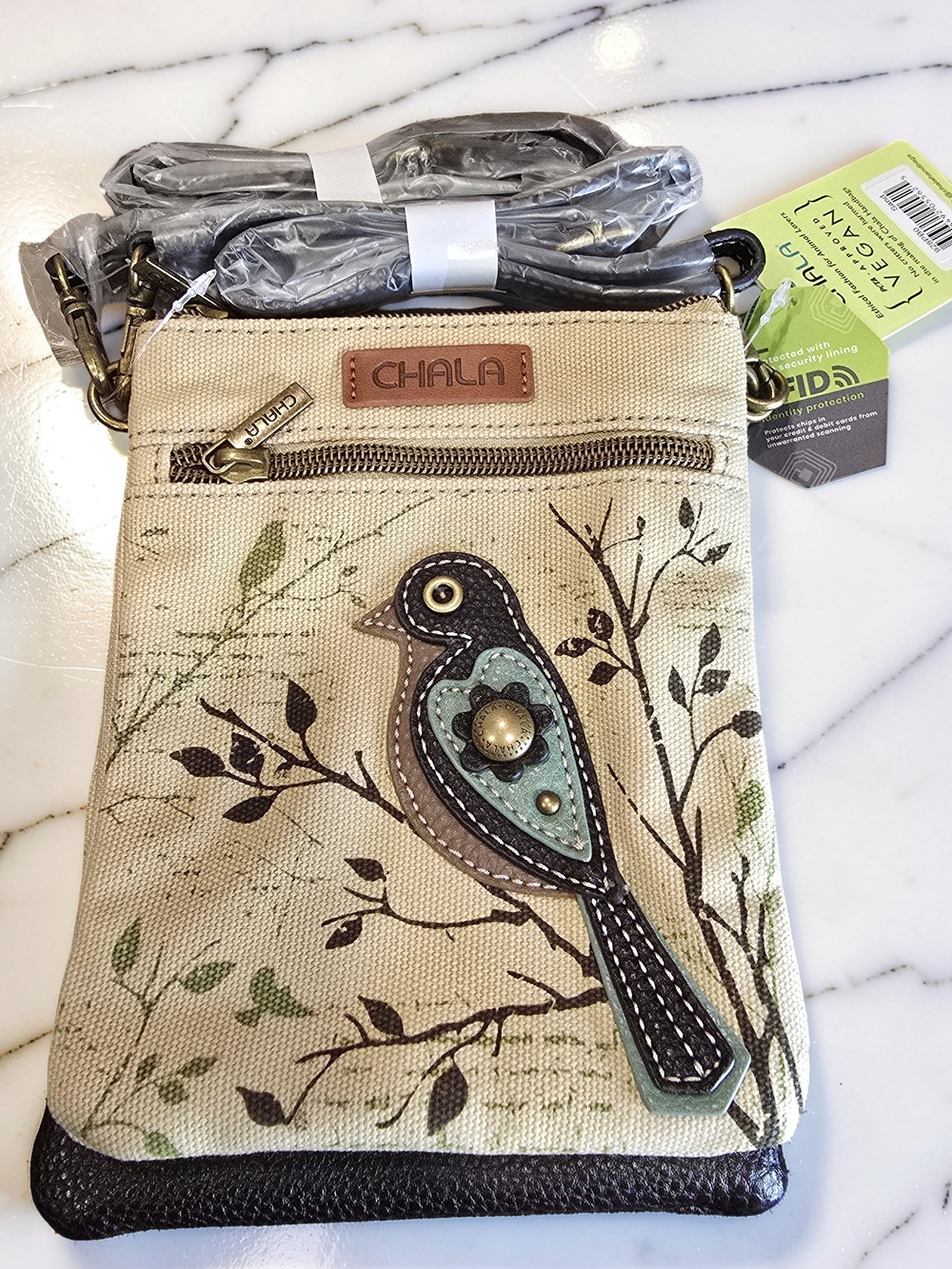 Chala Safari Bird Double Pocket Canvas Crossbody Bag NWT